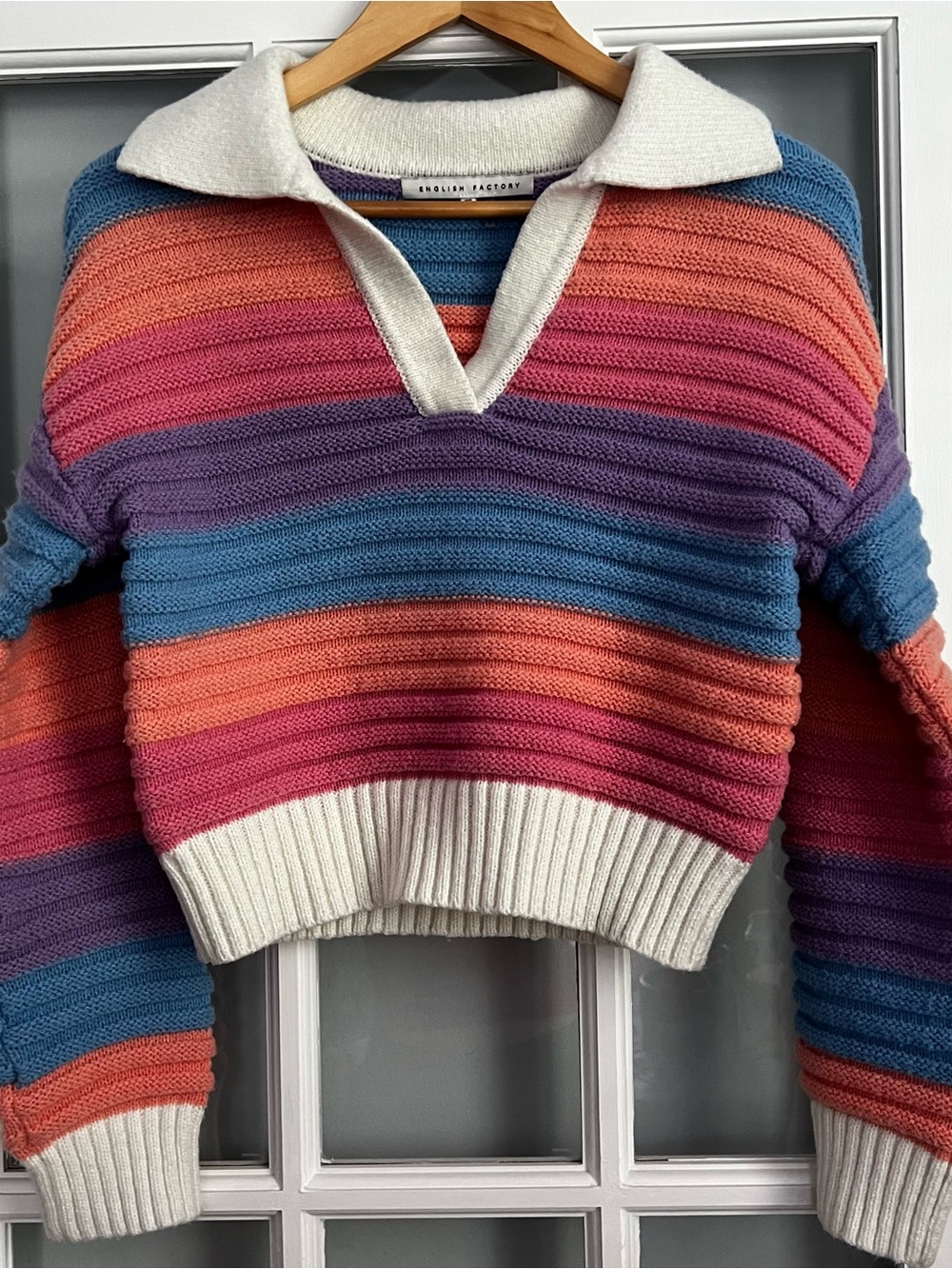 English Factory Striped V-Neck Sweater in Coral, Pink, Purple, Blue & White - Picture 2 of 6